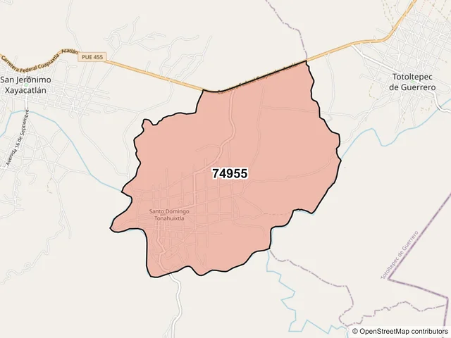 Mapa del código postal 74955, San Jerónimo Xayacatlán, Puebla
