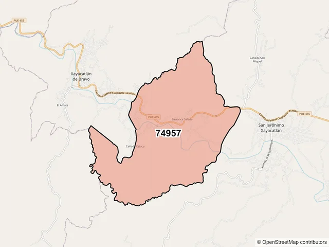 Mapa del código postal 74957, San Jerónimo Xayacatlán, Puebla