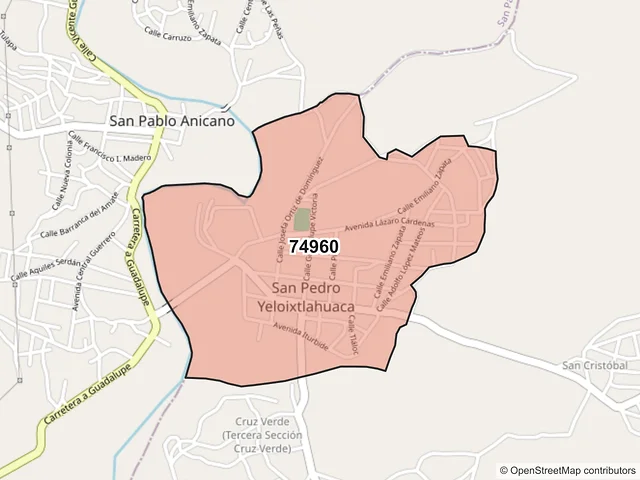 Mapa del código postal 74960, San Pedro Yeloixtlahuaca, Puebla