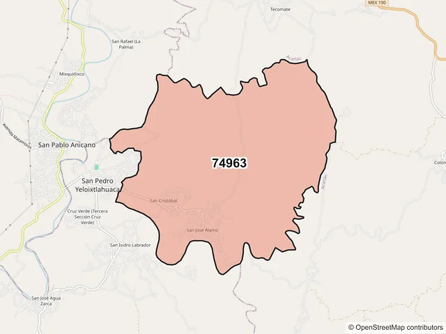 Mapa del código postal 74963, San Pedro Yeloixtlahuaca, Puebla