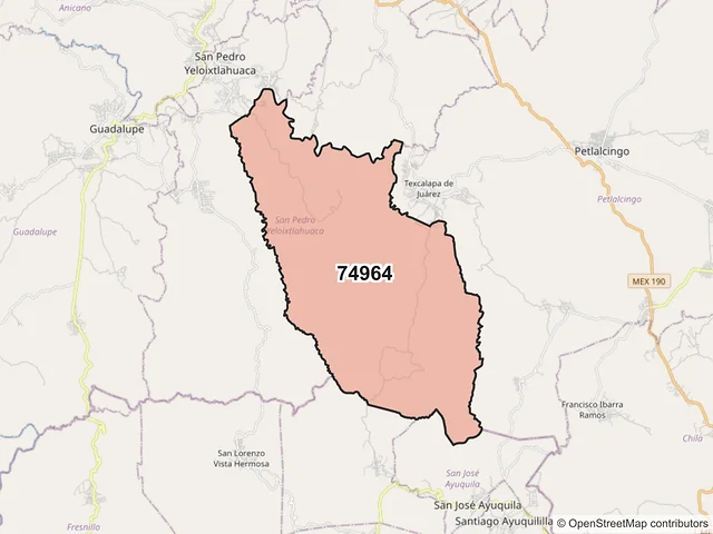 Mapa del código postal 74964, San Pedro Yeloixtlahuaca, Puebla