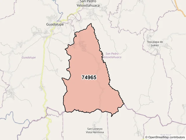 Mapa del código postal 74965, San Pedro Yeloixtlahuaca, Puebla