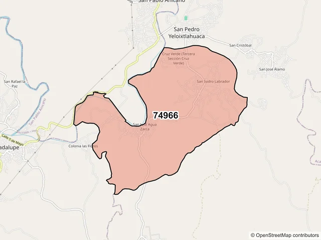 Mapa del código postal 74966, San Pedro Yeloixtlahuaca, Puebla