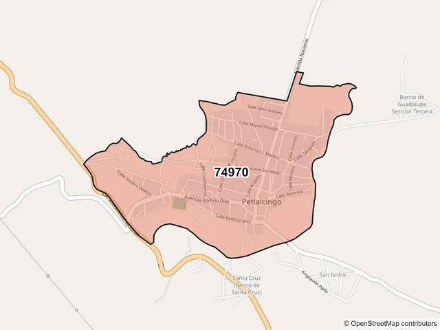 Mapa del código postal 74970, Petlalcingo, Puebla