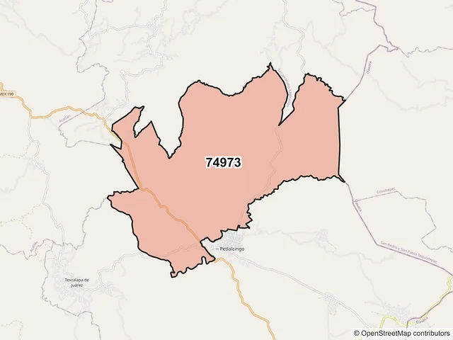Mapa del código postal 74973, Petlalcingo, Puebla