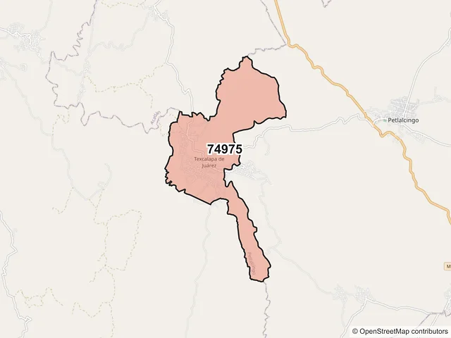 Mapa del código postal 74975, Petlalcingo, Puebla