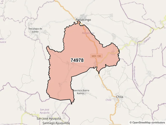 Mapa del código postal 74978, Petlalcingo, Puebla
