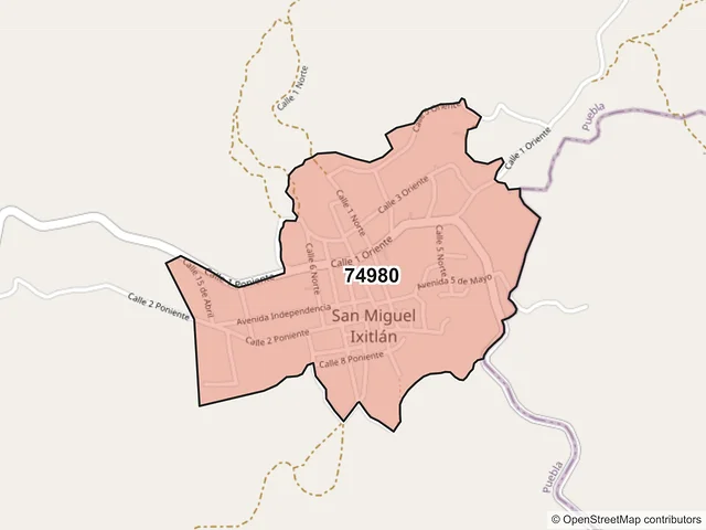 Mapa del código postal 74980, San Miguel Ixitlán, Puebla
