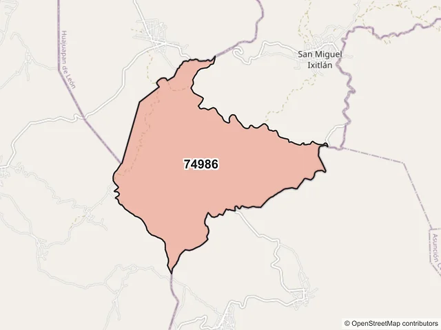 Mapa del código postal 74986, San Miguel Ixitlán, Puebla