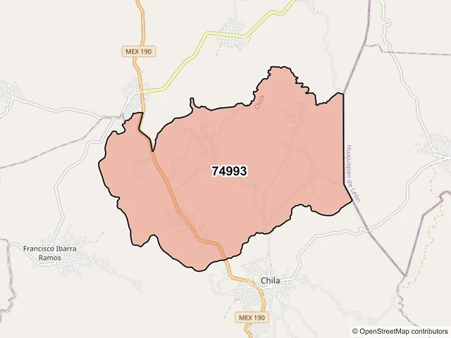 Mapa del código postal 74993, Chila, Puebla