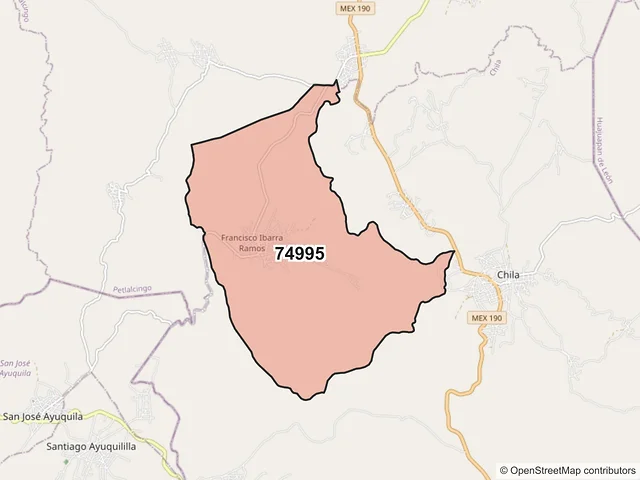 Mapa del código postal 74995, Chila, Puebla