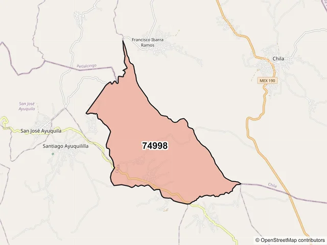 Mapa del código postal 74998, Chila, Puebla