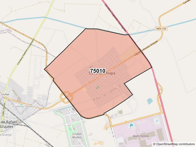 Mapa del código postal 75010, San José Chiapa, Puebla