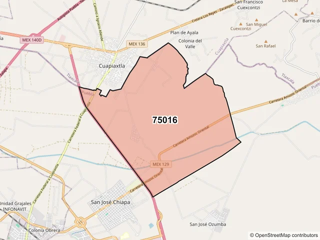 Mapa del código postal 75016, San José Chiapa, Puebla