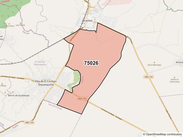 Mapa del código postal 75026, Oriental, Puebla