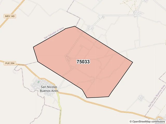 Mapa del código postal 75033, San Nicolás Buenos Aires, Puebla