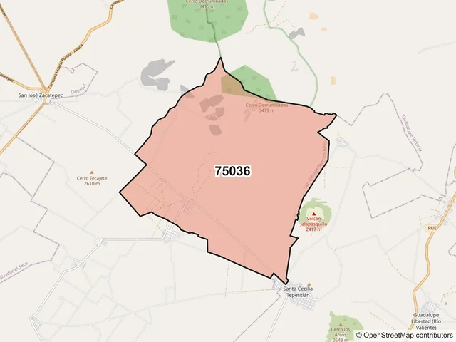 Mapa del código postal 75036, San Nicolás Buenos Aires, Puebla
