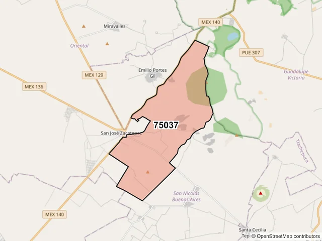 Mapa del código postal 75037, San Nicolás Buenos Aires, Puebla