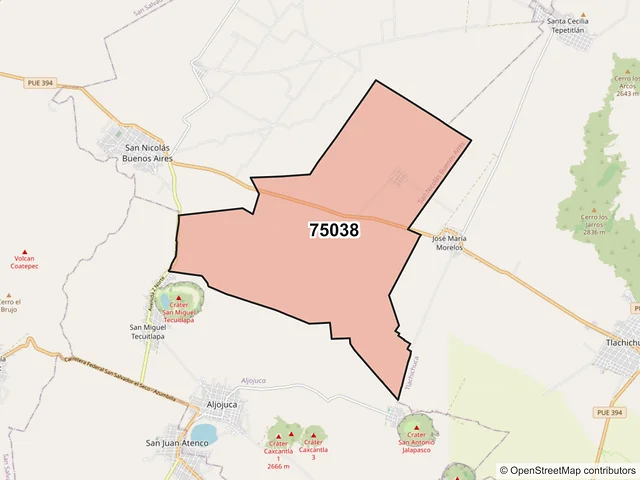 Mapa del código postal 75038, San Nicolás Buenos Aires, Puebla