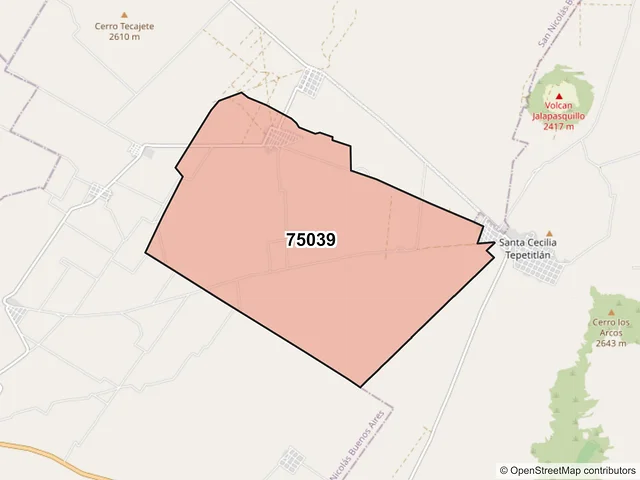 Mapa del código postal 75039, San Nicolás Buenos Aires, Puebla