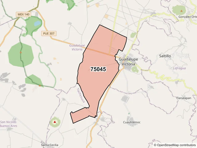 Mapa del código postal 75045, Guadalupe Victoria, Puebla