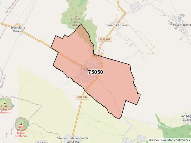 Mapa del código postal 75050, Tlachichuca, Puebla