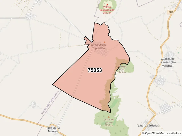 Mapa del código postal 75053, Tlachichuca, Puebla