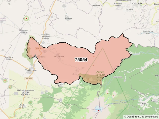 Mapa del código postal 75054, Tlachichuca, Puebla