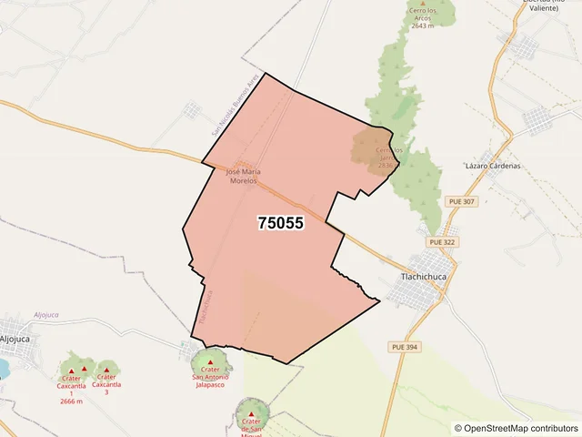 Mapa del código postal 75055, Tlachichuca, Puebla