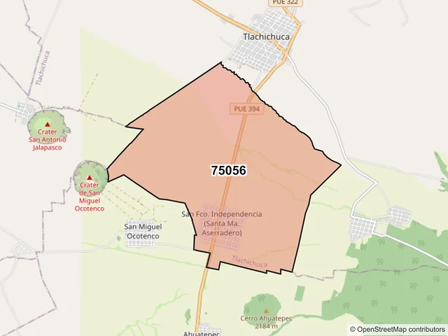 Mapa del código postal 75056, Tlachichuca, Puebla