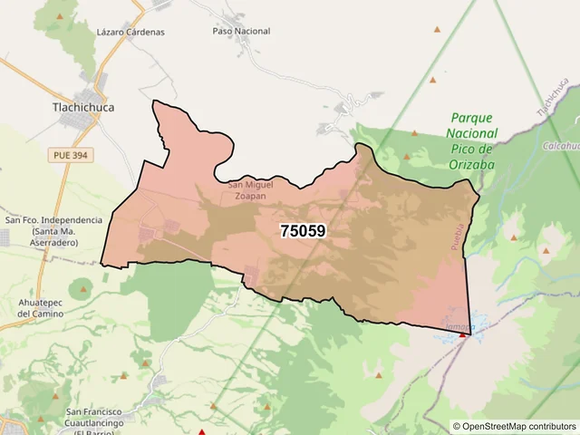 Mapa del código postal 75059, Tlachichuca, Puebla