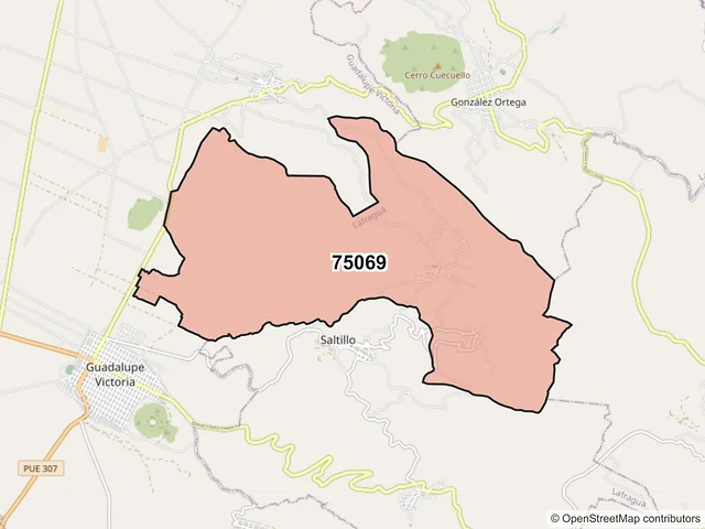 Mapa del código postal 75069, Lafragua, Puebla