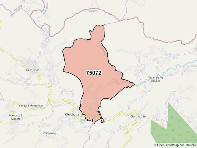 Mapa del código postal 75072, Chilchotla, Puebla
