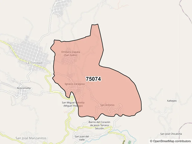 Mapa del código postal 75074, Chilchotla, Puebla
