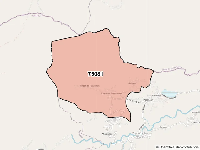 Mapa del código postal 75081, Quimixtlán, Puebla