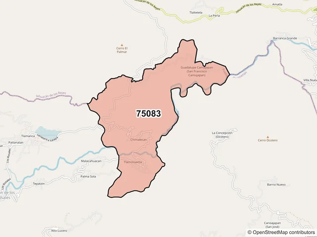Mapa del código postal 75083, Quimixtlán, Puebla