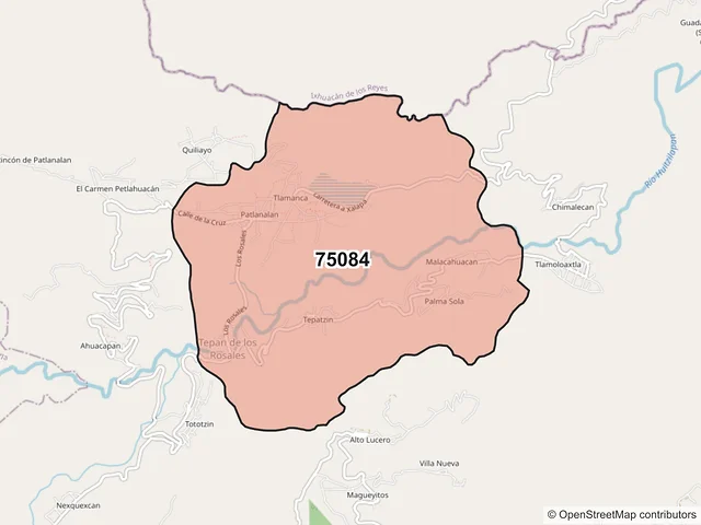 Mapa del código postal 75084, Quimixtlán, Puebla