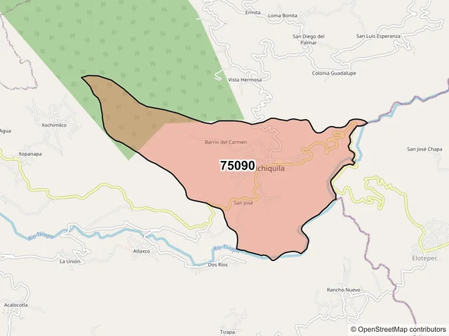 Mapa del código postal 75090, Chichiquila, Puebla
