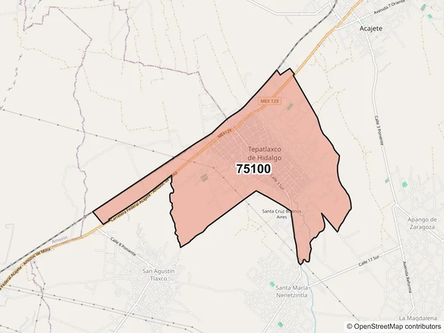 Mapa del código postal 75100, Tepatlaxco de Hidalgo, Puebla