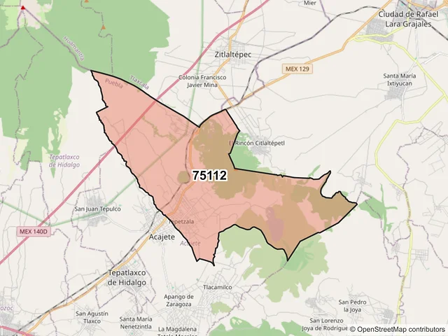 Mapa del código postal 75112, Acajete, Puebla