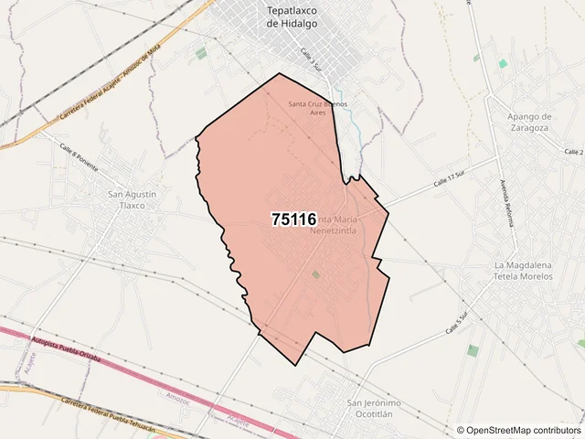 Mapa del código postal 75116, Acajete, Puebla