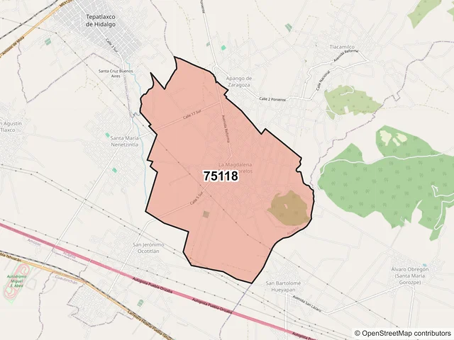 Mapa del código postal 75118, Acajete, Puebla