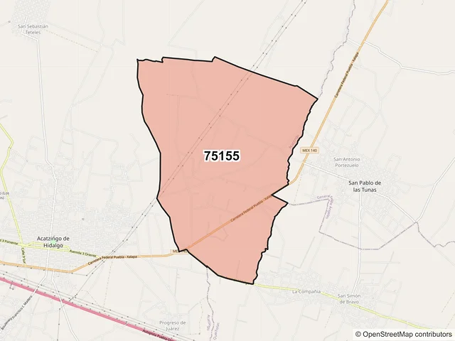 Mapa del código postal 75155, Acatzingo, Puebla