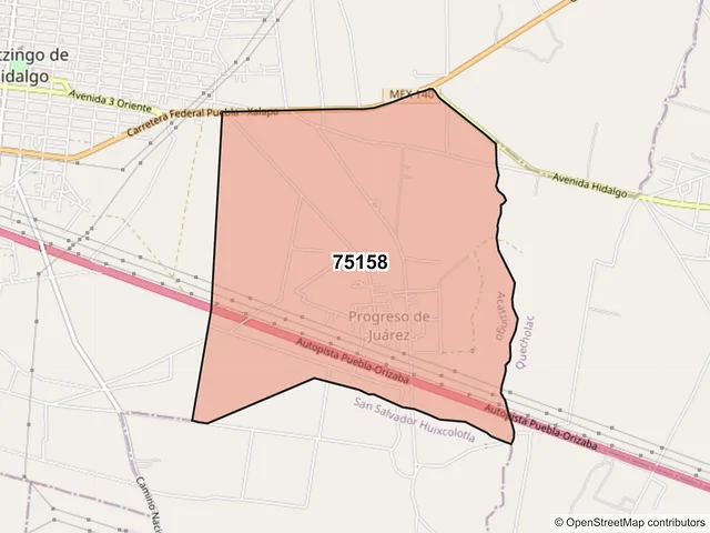 Mapa del código postal 75158, Acatzingo, Puebla