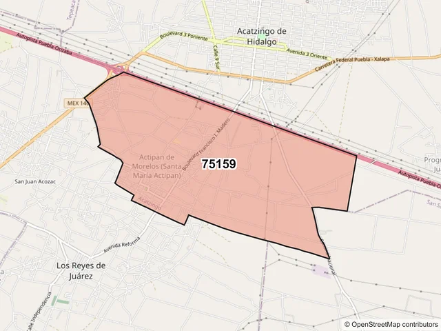 Mapa del código postal 75159, Acatzingo, Puebla