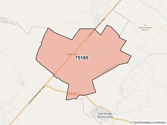 Mapa del código postal 75165, San Salvador el Seco, Puebla