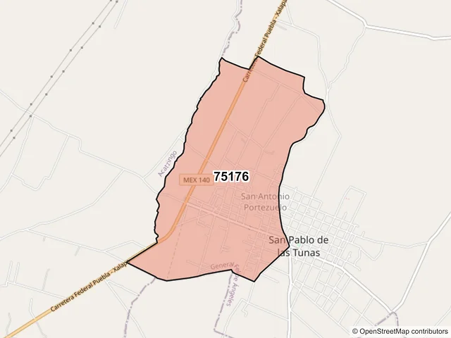 Mapa del código postal 75176, General Felipe Ángeles, Puebla