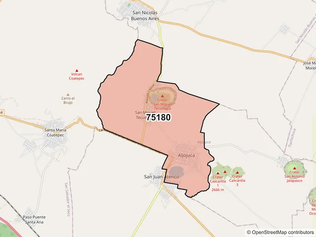 Mapa del código postal 75180, Aljojuca, Puebla
