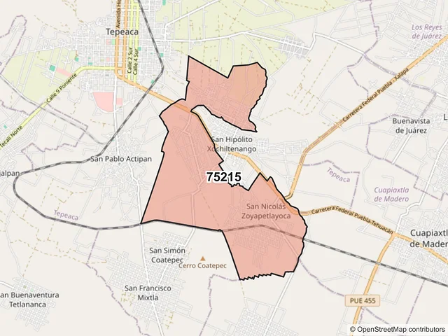 Mapa del código postal 75215, Tepeaca, Puebla
