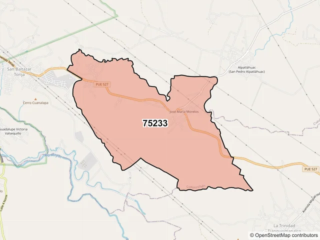 Mapa del código postal 75233, Cuautinchán, Puebla
